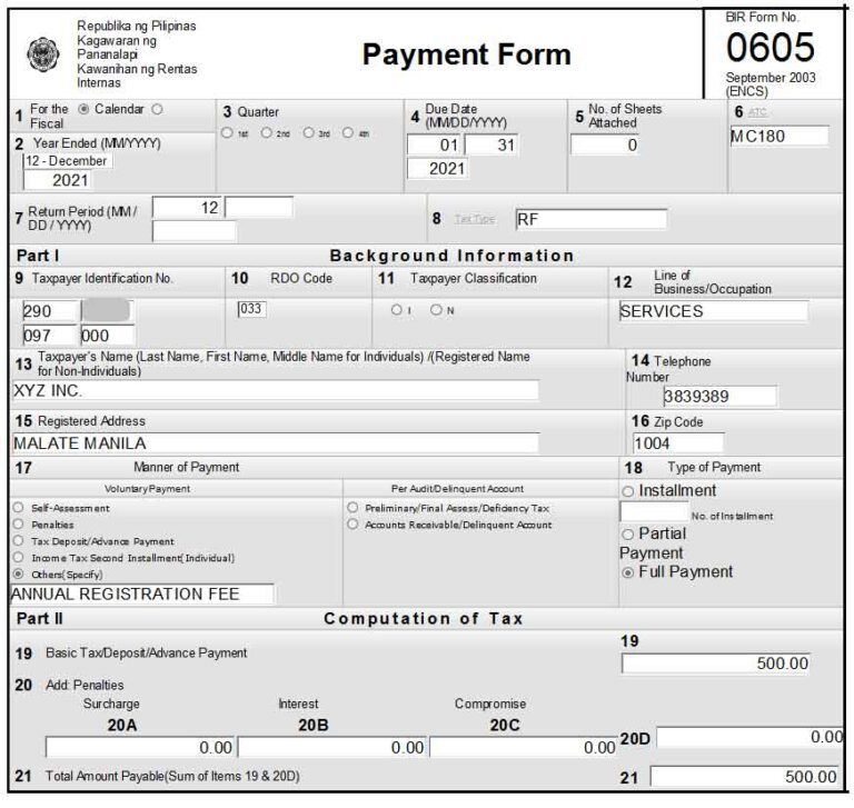 BIR Form 0605 Annual Registration Fee