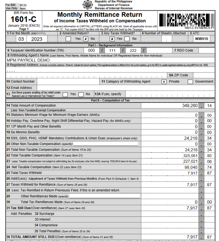 BIR Form 1601C Monthly Withholding Tax on Compensation