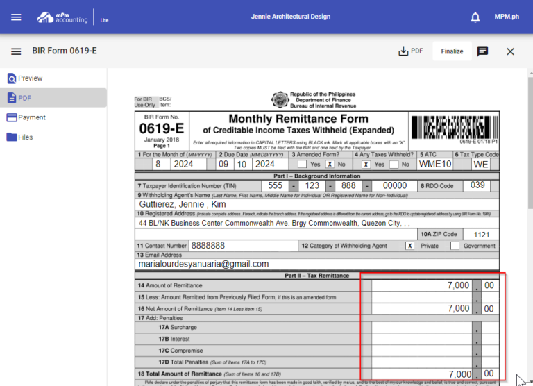 BIR Form 0619E: Monthly Expanded Withholding Tax Return