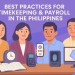 Filipino employees in a modern office using different timekeeping methods including a logbook, bundy clock, biometric scanner, mobile app with GPS, and geofencing map, representing best practices for payroll in the Philippines.