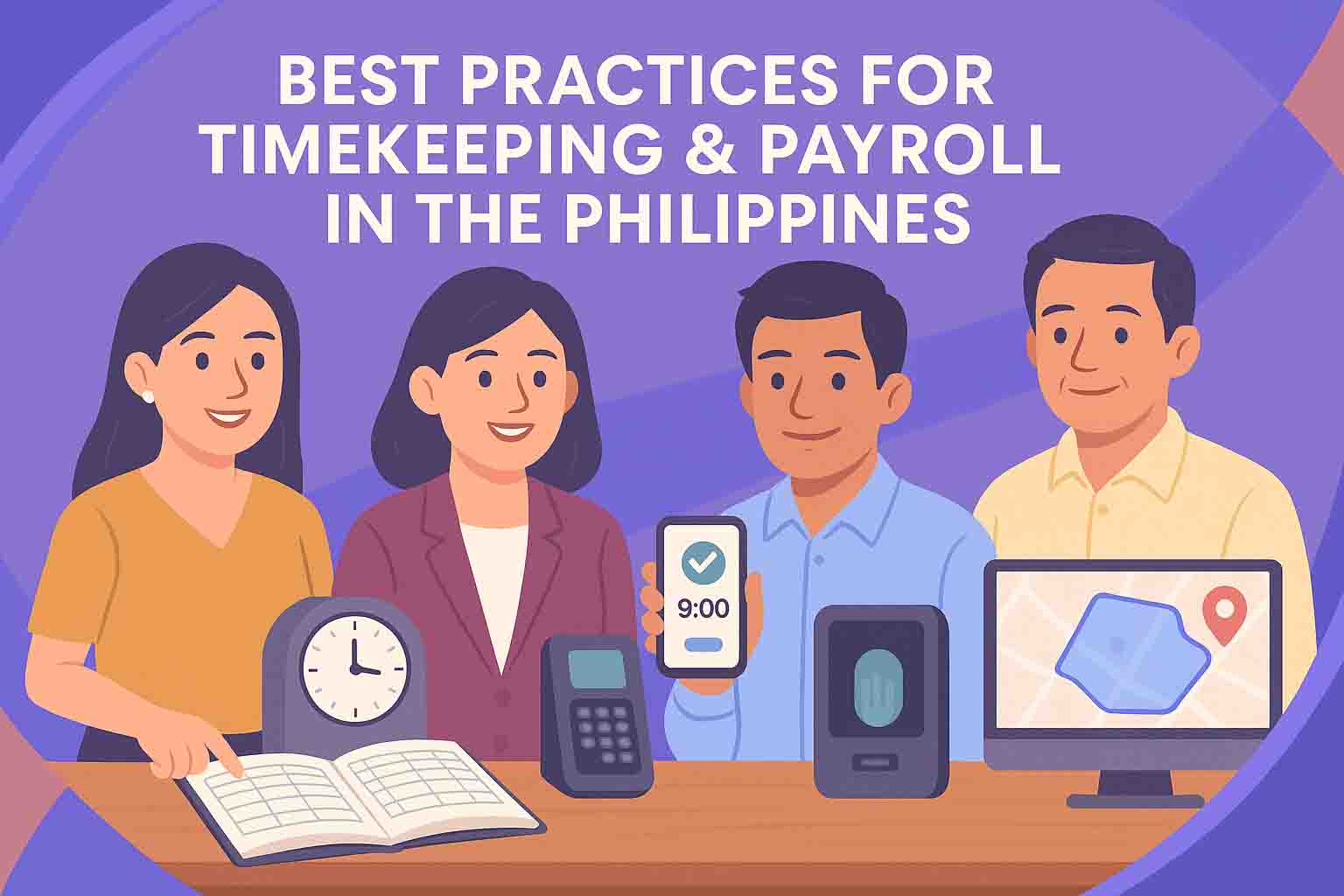 Filipino employees in a modern office using different timekeeping methods including a logbook, bundy clock, biometric scanner, mobile app with GPS, and geofencing map, representing best practices for payroll in the Philippines.
