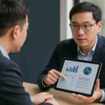 Accountant holding a tablet with opened report from an accounting software. Showing it to a business owner.