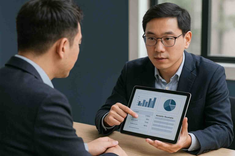 Accountant holding a tablet with opened report from an accounting software. Showing it to a business owner.
