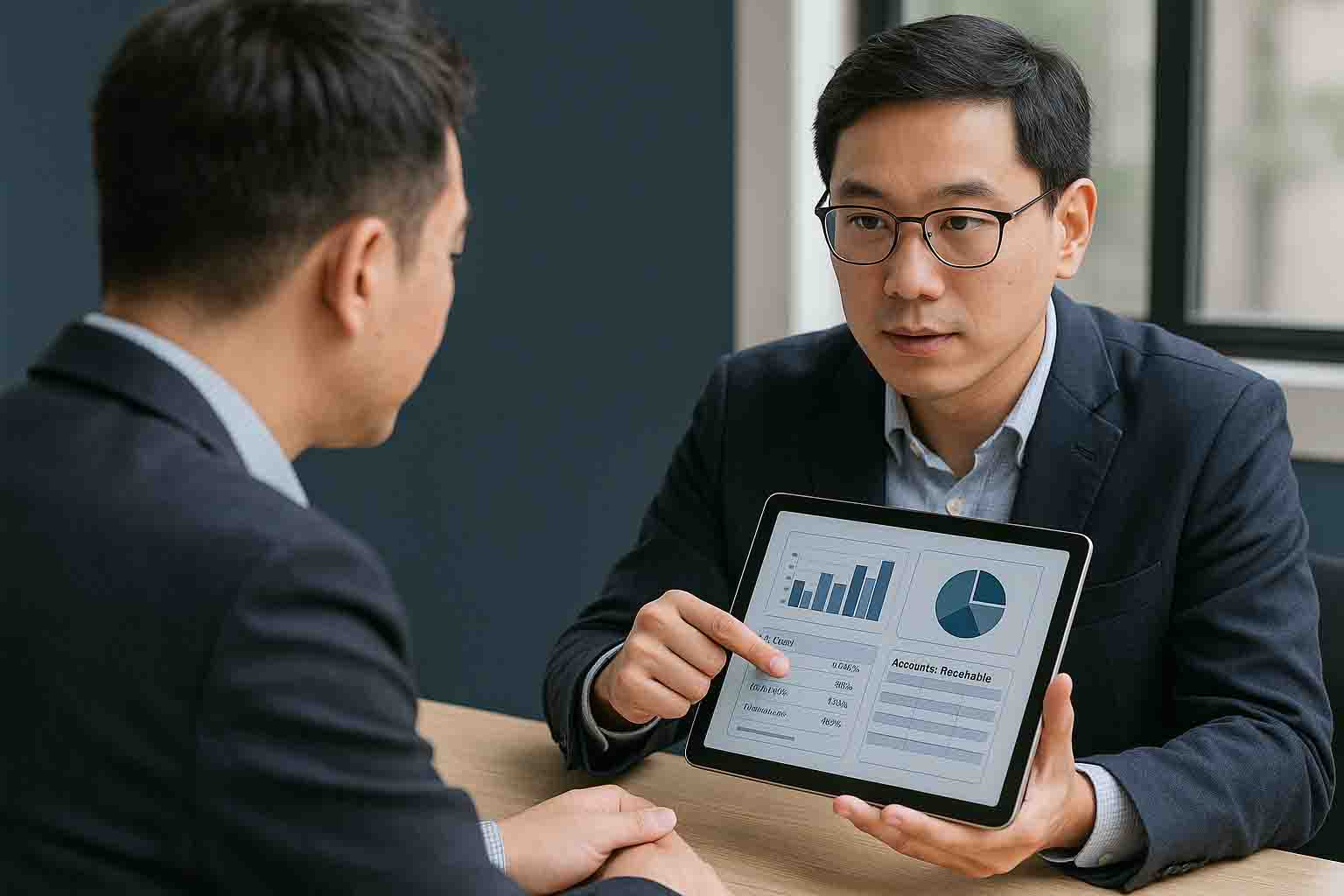 Accountant holding a tablet with opened report from an accounting software. Showing it to a business owner.
