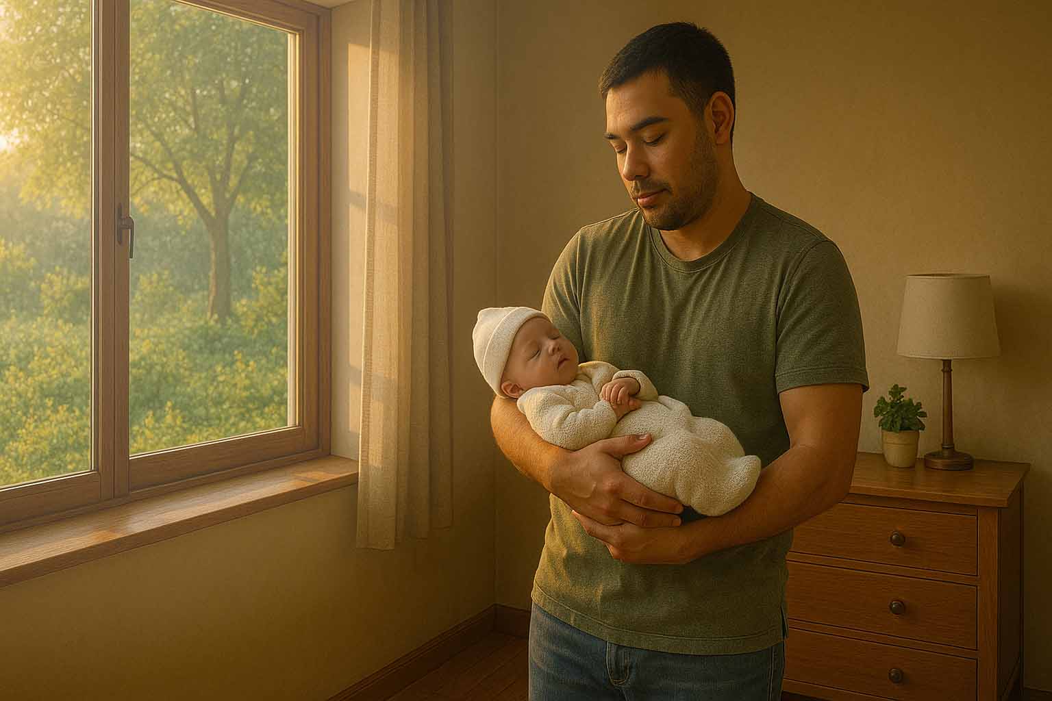 Father taking care of newborn child during paternity leave