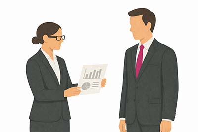 Bookkeeper delivering financial reports to business owner