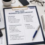 Mid-year business review checklist on a desk