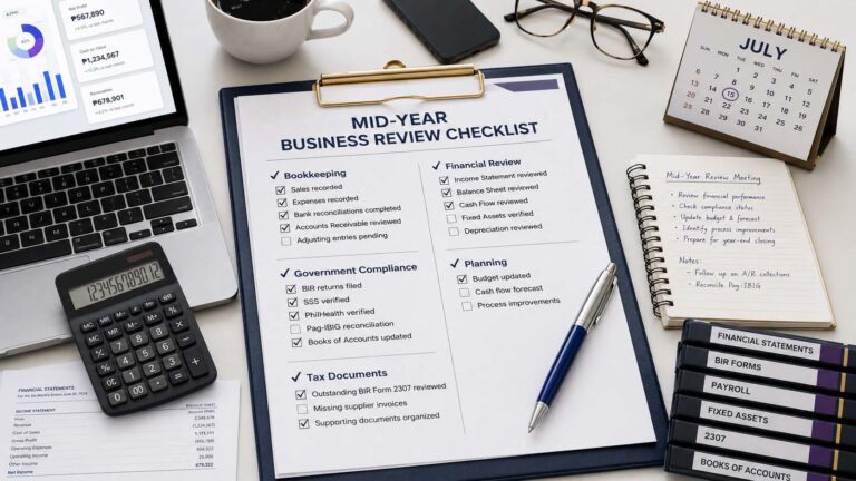 Mid-year business review checklist on a desk