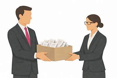 Business owner handling over receipts, invoices and other documents to his bookkeeper