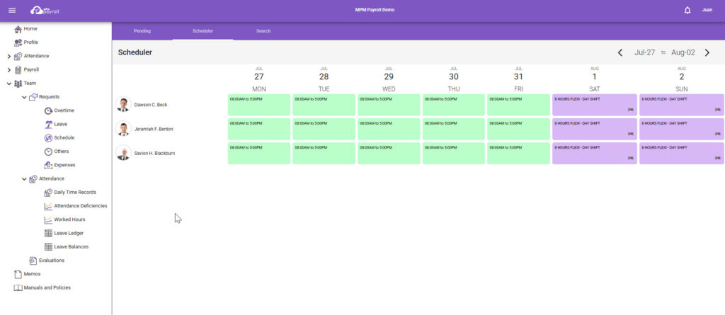Screenshot of MPM Payrolls Employee Self-service Team Scheduler Screen