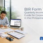 Two people in business attire reviewing BIR Form 1702Q and relevant supporting documents