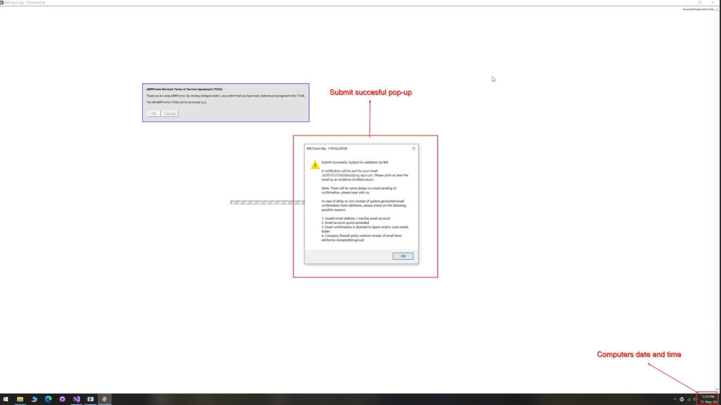 eBirForms Proof of Filing screenshot that includes Submit Succesful pop-up and includes computers date and time