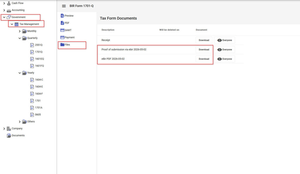 MPM Accounting screenshot showing proof of filing screenshot automatically captured and uploaded in the Files section of the form.